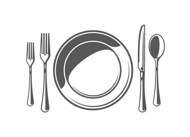 Spoon, fork, knife and plate Spoon, fork, knife and plate isolated on white background. Symbol for cooking design logo and emblem. Vector illustration knif stock illustrations