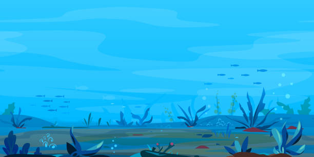 ilustraciones, imágenes clip art, dibujos animados e iconos de stock de paisaje submarino juego fondo - pescar ilustraciones
