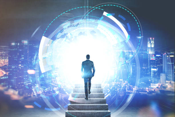 istock Man entering portal, futuristic HUD interface city 981728198