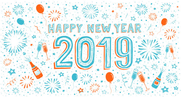 hand-drawn Happy new year card with fireworks 2019 hand-drawn Happy new year card. You can edit the colors or sizes easily if you have Adobe Illustrator or other vector software. All shapes are vector confetti illustrations stock illustrations