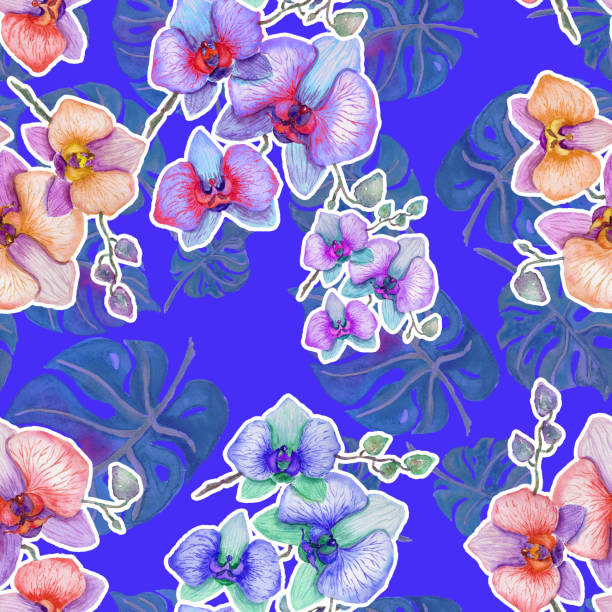 aquarell tropischen musterdesign mit orchidee. - blossom florescence flower wallpaper pattern stock-grafiken, -clipart, -cartoons und -symbole