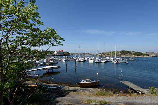 GOTHENBURG, SWEDEN - May 20, 2018: Sailboats and motor boats in the Styrso Marina. Styrso is a small island and a locality situated in Göteborg Municipality, Västra Götaland County, Sweden. It had 1,304 inhabitants in 2010
