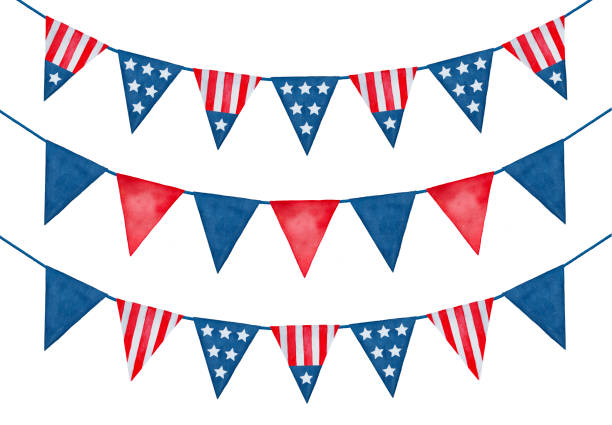 Collection of festive holiday bunting with the United States flag ornament. Hand drawn water color graphic illustration, isolated clipart elements. American patriotic decorations. Triangular shape. american flag bunting stock illustrations