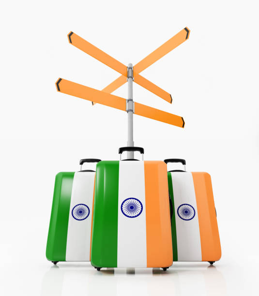 istock Suitcases Covered With Indian Flags Beneath Road Signs On White Background 981741042