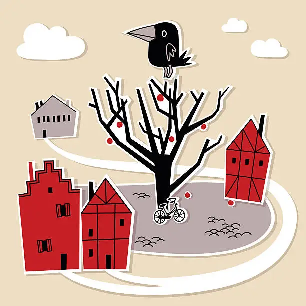 Vector illustration of Little Town and Crow.