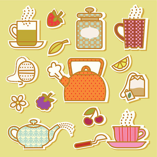 ilustraciones, imágenes clip art, dibujos animados e iconos de stock de el té de la media tarde. - flower cherry cup tea
