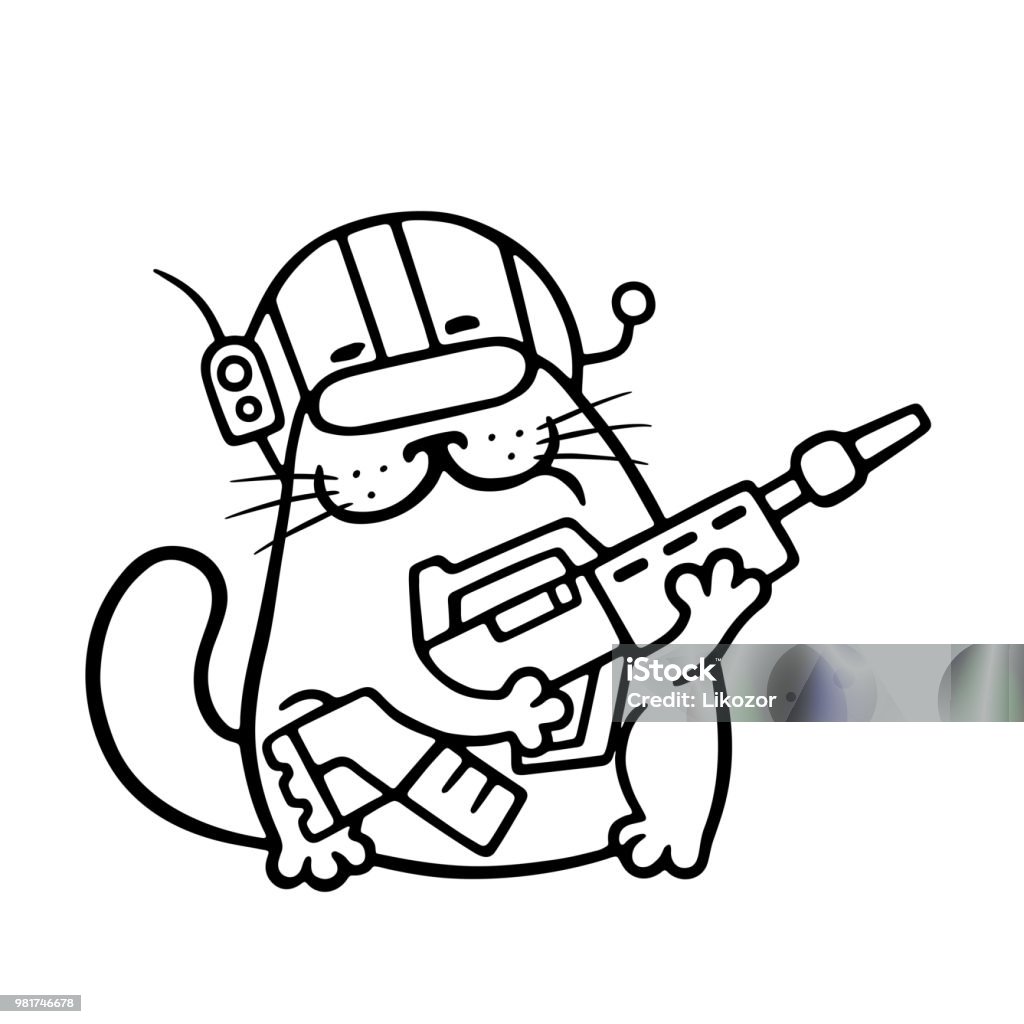 Cartoon cat space marine with large plasma gun. Cartoon cat space marine with large plasma gun. Science fiction pet character. Animal stock illustration