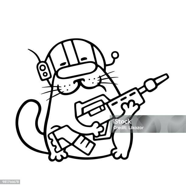 Cartoon Cat Space Marine With Large Plasma Gun Stock Illustration - Download Image Now - Animal, Army, Army Helmet