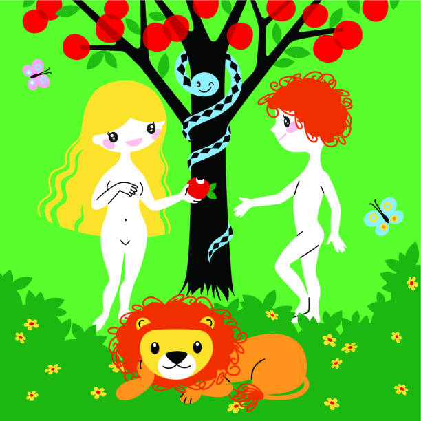 adam und eva. - snake apple liar bible stock-grafiken, -clipart, -cartoons und -symbole