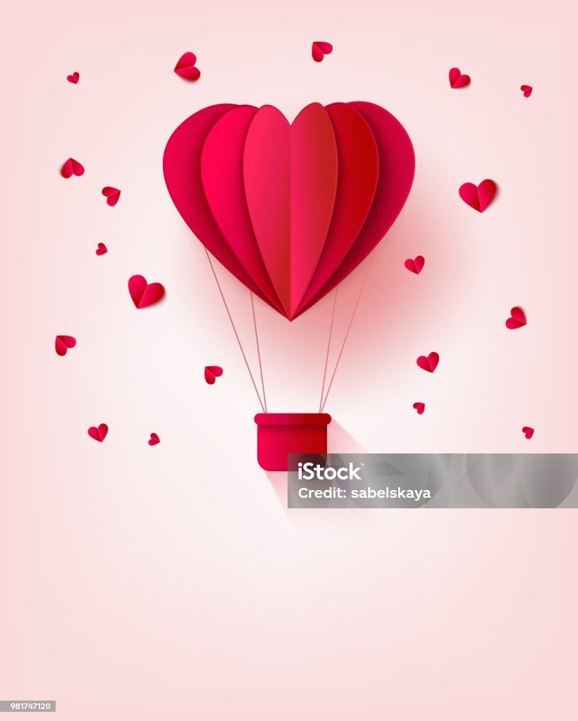 Folded red paper hot air balloon in form of heart surrounded by little heart shapes on pastel background. Folded red paper hot air balloon in form of heart surrounded by little heart shapes on pastel background with copy space. Romantic origami carton aerostat in vector illustration. Heart Shape stock vector