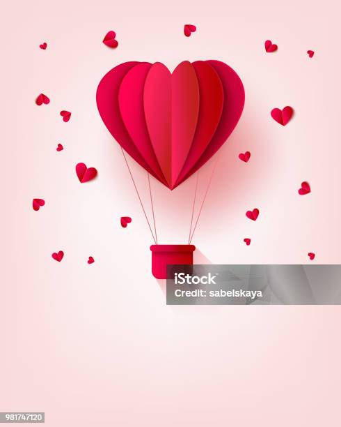 Folded Red Paper Hot Air Balloon In Form Of Heart Surrounded By Little Heart Shapes On Pastel Background Stock Illustration - Download Image Now