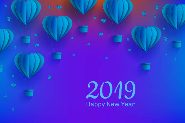 illustrazioni stock, clip art, cartoni animati e icone di tendenza di vettore nuovo anno 2019 modello papercut mongolfiera - hot air balloon illustration and painting origami airplane