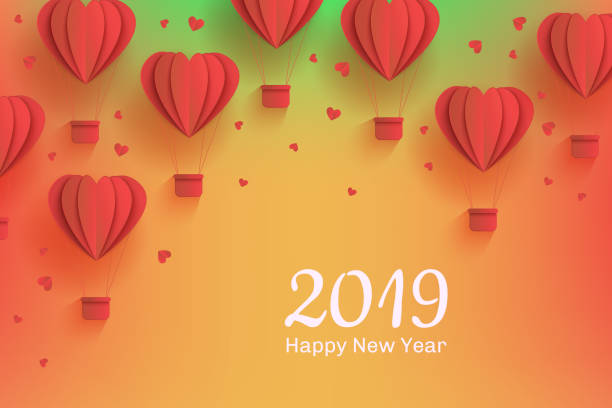 illustrazioni stock, clip art, cartoni animati e icone di tendenza di vettore nuovo anno 2019 modello papercut mongolfiera - hot air balloon illustration and painting origami airplane