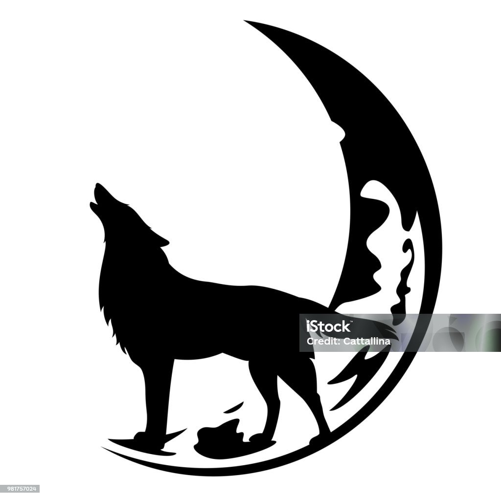howling wolf and crescent moon vector howling wolf standing at crescent moon black and white vector design Wolf stock vector