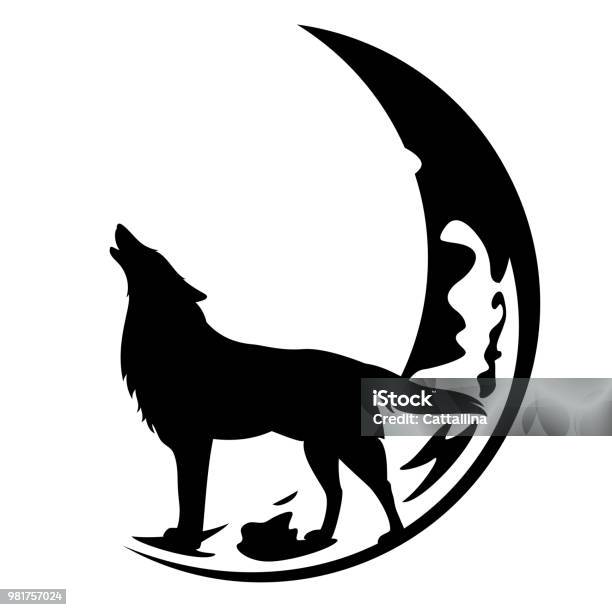 Howling Wolf And Crescent Moon Vector Stock Illustration - Download Image Now - Wolf, Moon, In Silhouette