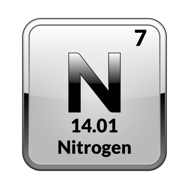 The periodic table element Nitrogen.Vector. Nitrogen symbol.Chemical element of the periodic table on a glossy white background in a silver frame.Vector illustration. nitrogen element stock illustrations