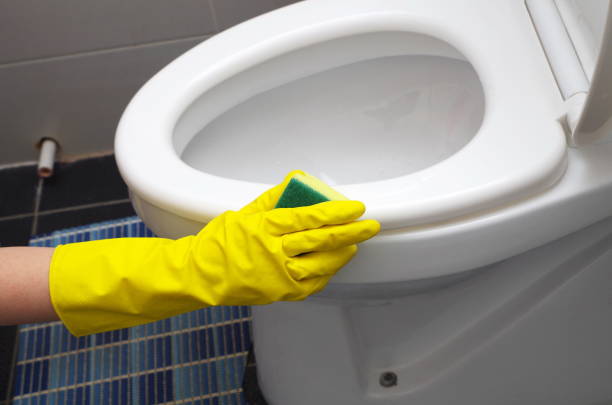 Cleaning the toilet seat cover with wet wipes and gloves. Coronavirus and hygiene concept. Horizontal composition with copy space.