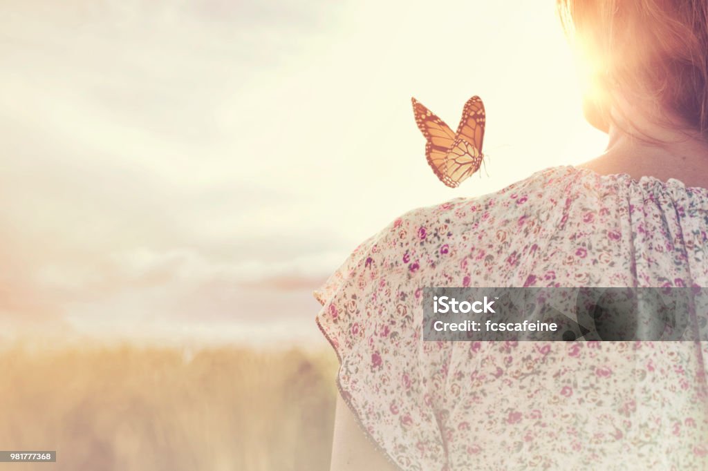 momento especial de encontro entre uma borboleta e uma garota no meio da natureza - Foto de stock de Natureza royalty-free