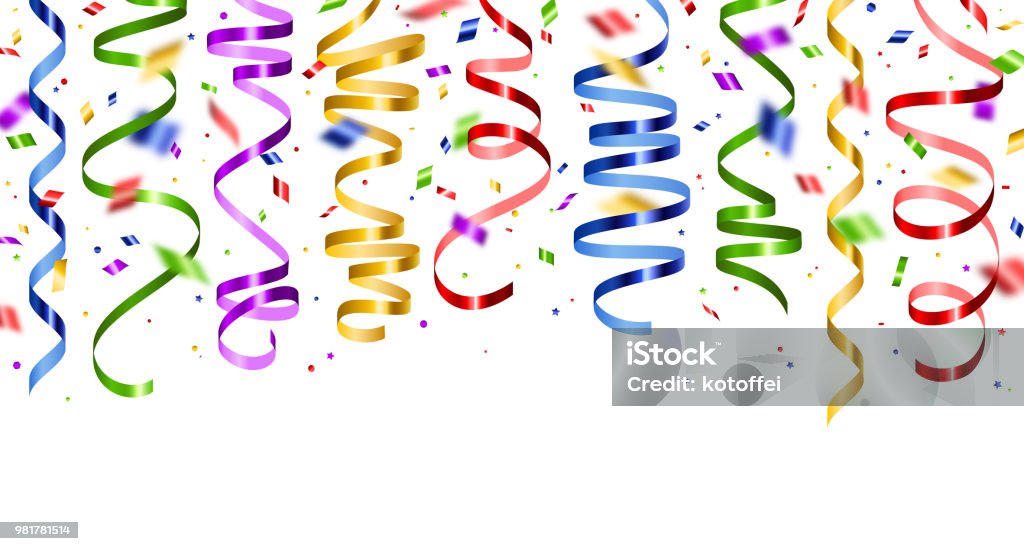 Shiny colorful serpentine and confetti Colorful serpentine and confetti isolated on white background. Vector illustration. Shiny ribbons set for holiday design Streamer stock vector
