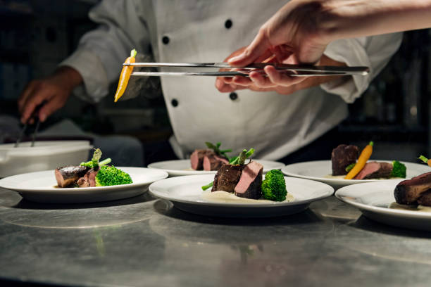 professional chef at work in a busy kitchen getting ready for service - venison imagens e fotografias de stock