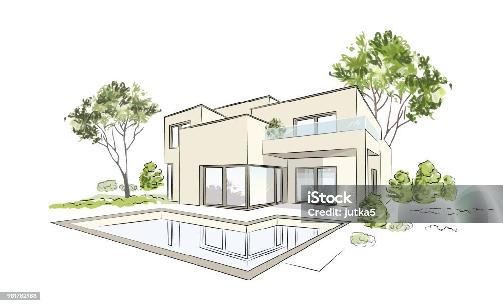 Vector Arsitektur Sketsa Rumah Eksklusif Modern Ilustrasi Stok - Unduh