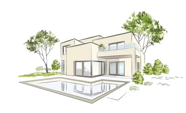 Vector illustration of Vector architectural sketch modern exclusive house.