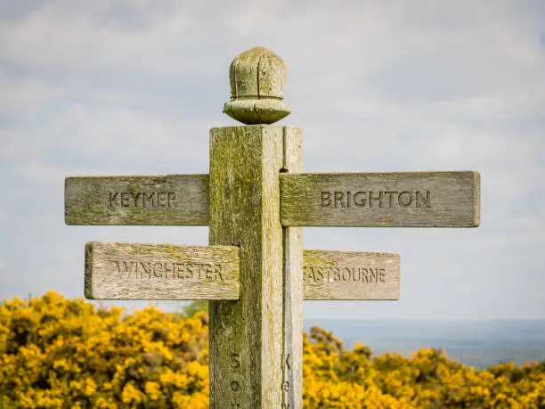 A Signpost on the South Downs Way between the Clayton windmills and Ditchling Beacon, showing the directions for Brighton, Keymer, Eastbourne and Winchester.