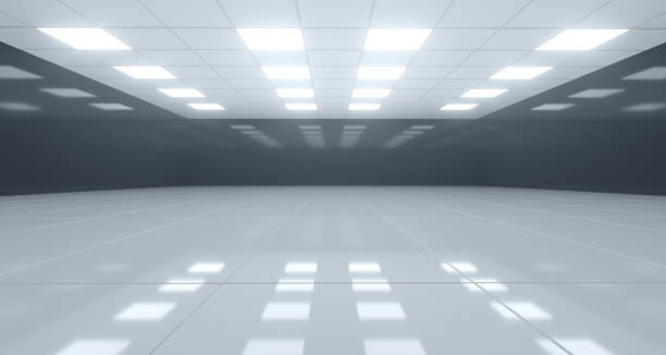 istock Huge Black And White Empty Room With Square Lights On Ceiling And Reflective Floor. 3D Rendering 981814098