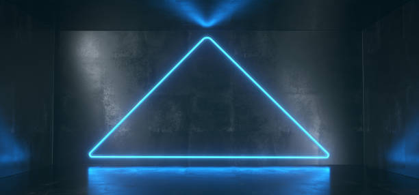 istock Empty Concrete Room With Glowing Triangle Neon Light And Reflections on Floor.3D Rendering 981814788
