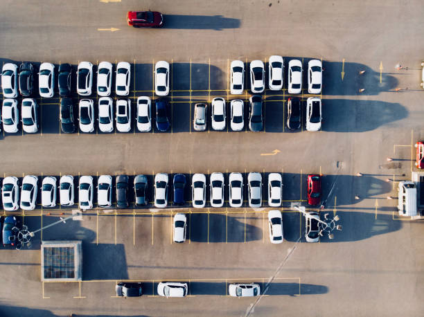 istock Aerial Drone View of Car Park with Empty Parking Lots. 981814820