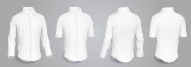 istock White male shirt with long and short sleeves and buttons in front, back and side view, isolated on a gray background. 3D realistic vector illustration, pattern formal or casual shirt. 981819338