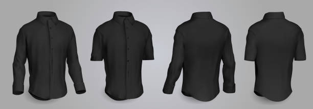 istock Black male shirt with long and short sleeves and buttons in front, back and side view, isolated on a gray background. 3D realistic vector illustration, pattern formal or casual shirt. 981819426