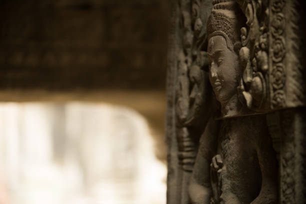 A low angle view looking up the stairs up the Phimeanakas Temple in Angkor Wat historic site, Cambodia.