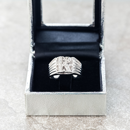 precious diamond ring with K alphabet in black box