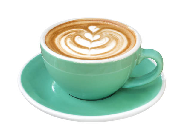 istock Hot coffee cappuccino latte art in jade color cup isolated on white background, clipping path included 981824714