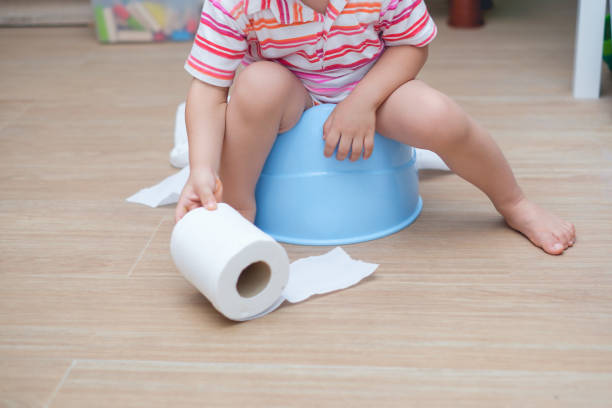 Closeup of legs of little Asian 2 years old toddler baby boy child sitting on blue potty holding, playing with toilet paper stock photo