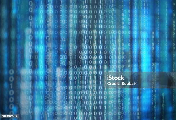 Power Of Big Data Binary Code Information Bit On Computer Monitor Screen Display Green Light Text Number One And Zero Blur Defocus Blue Bokeh Light Technology Graphic Design Background Concepts Stock Photo - Download Image Now