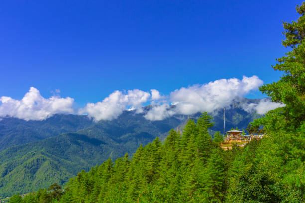 小さな神社、タイガーへの道の祈りのフラグとマウンテン ビューをネスト修道院または taktshang goemba - tibetan script 写真 ストックフォトと画像