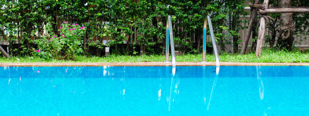 istock Grab bars ladder in the blue swimming pool 981849870