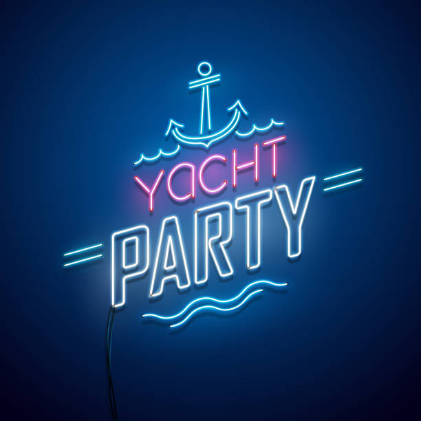 ilustraciones, imágenes clip art, dibujos animados e iconos de stock de yate fiesta de neón - yacht