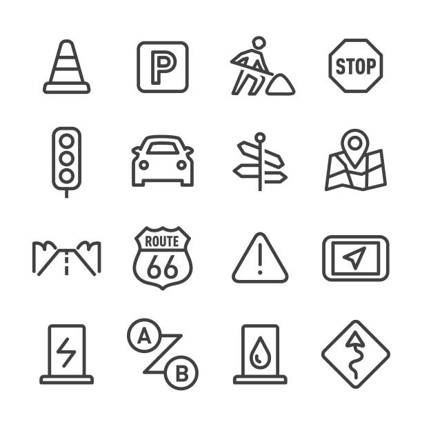 ikony road trip - seria liniowa - road sign symbol global positioning system transportation stock illustrations
