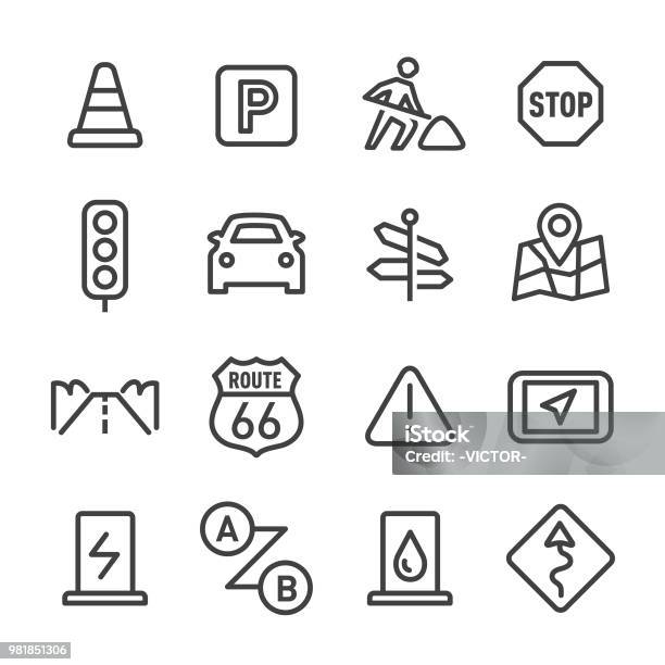 Road Trip Icons Line Series Stock Illustration - Download Image Now - Icon Symbol, Traffic Cone, Road