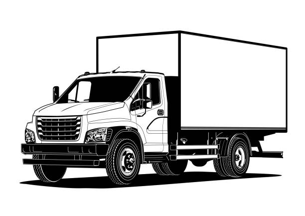 векторный шаблон контура грузовика, изолированный на белом - vehicle trailer trucking white outline stock illustrations