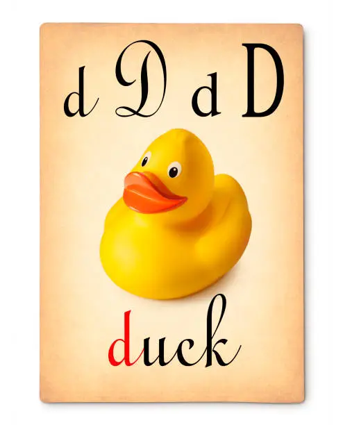 Photo of Letter D - Duck. Vintage alphabet flash card.