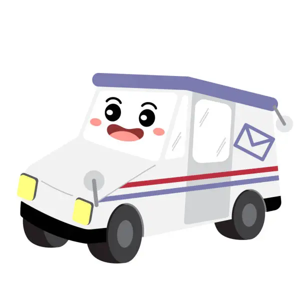 Vector illustration of Mail Truck transportation cartoon character perspective view vector illustration