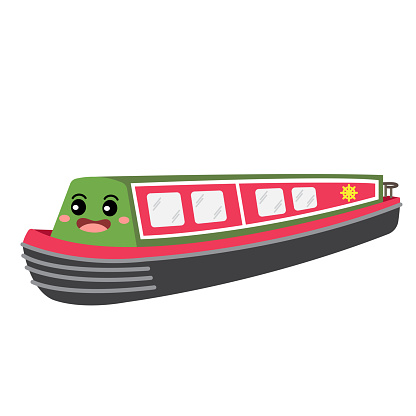 Narrowboat transportation cartoon character perspective view isolated on white background vector illustration.
