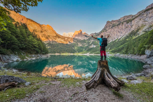 istock Success in Alps - Hiker at Gosausee with dachstein view 981898046