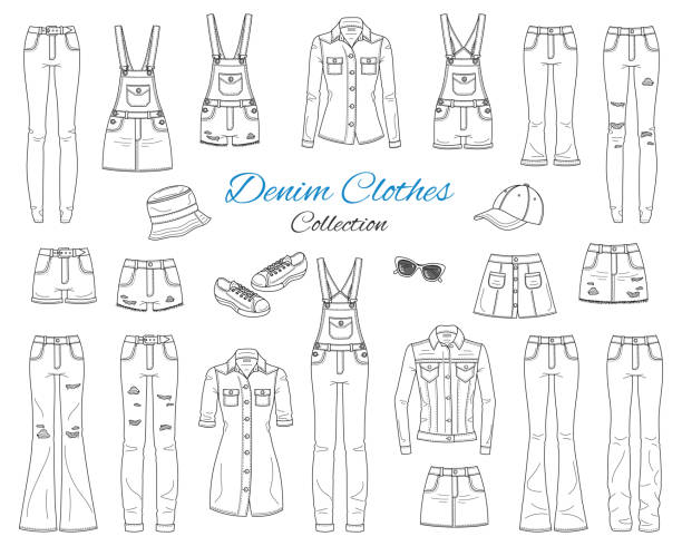 illustrazioni stock, clip art, cartoni animati e icone di tendenza di collezione di abiti in denim. illustrazione di schizzo vettoriale - shorts