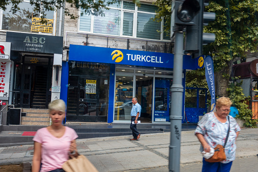 Istanbul,Turkey- June 21,2018:Turkcell store in Besiktas District.Turkish Gsm Company.GSM mobile communication started in Turkey when Turkcell started its operations in February 1994