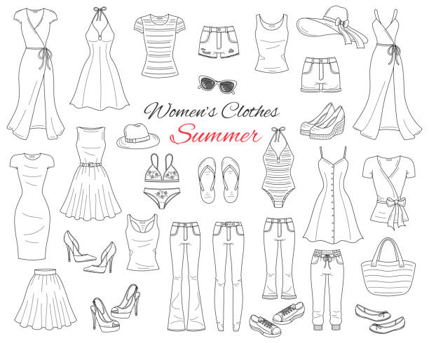 Women clothes collection. vector sketch illustration Female fashion set. Women cothes collection. Summer outfit dresses, skinny jeans, denim shorts, tops, beach hat, swimwear, sunglasses, sandals and flip flops hand drawn vector illustration dress illustrations stock illustrations